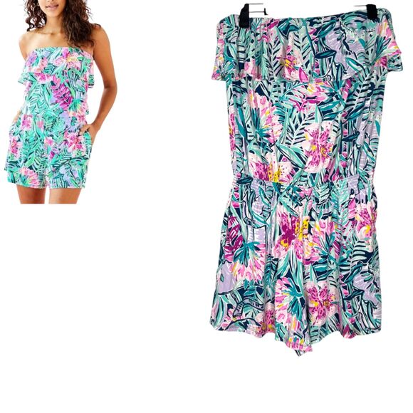 Lilly Pulitzer Anja Romper Mandevilla Pink Extra Lucky Tube Top Shorts Medium - Picture 1 of 8